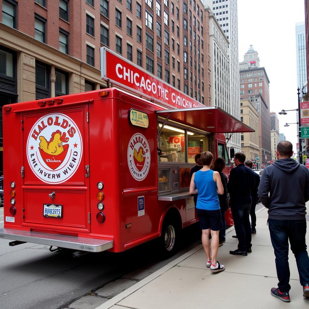 Harold's Chicken Food Truck parked on a Chicago street