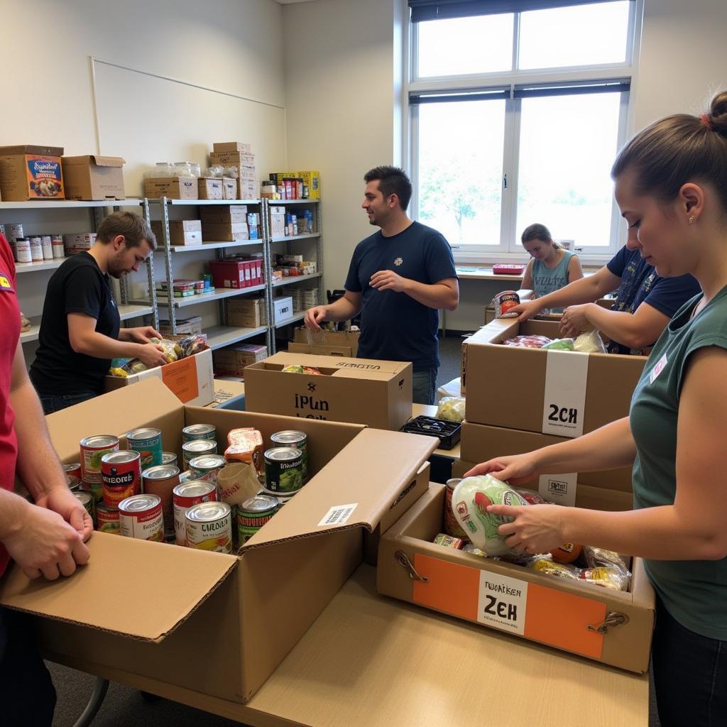 Volunteers at Harvest Ministries Food Pantry organizing donations and preparing food boxes.