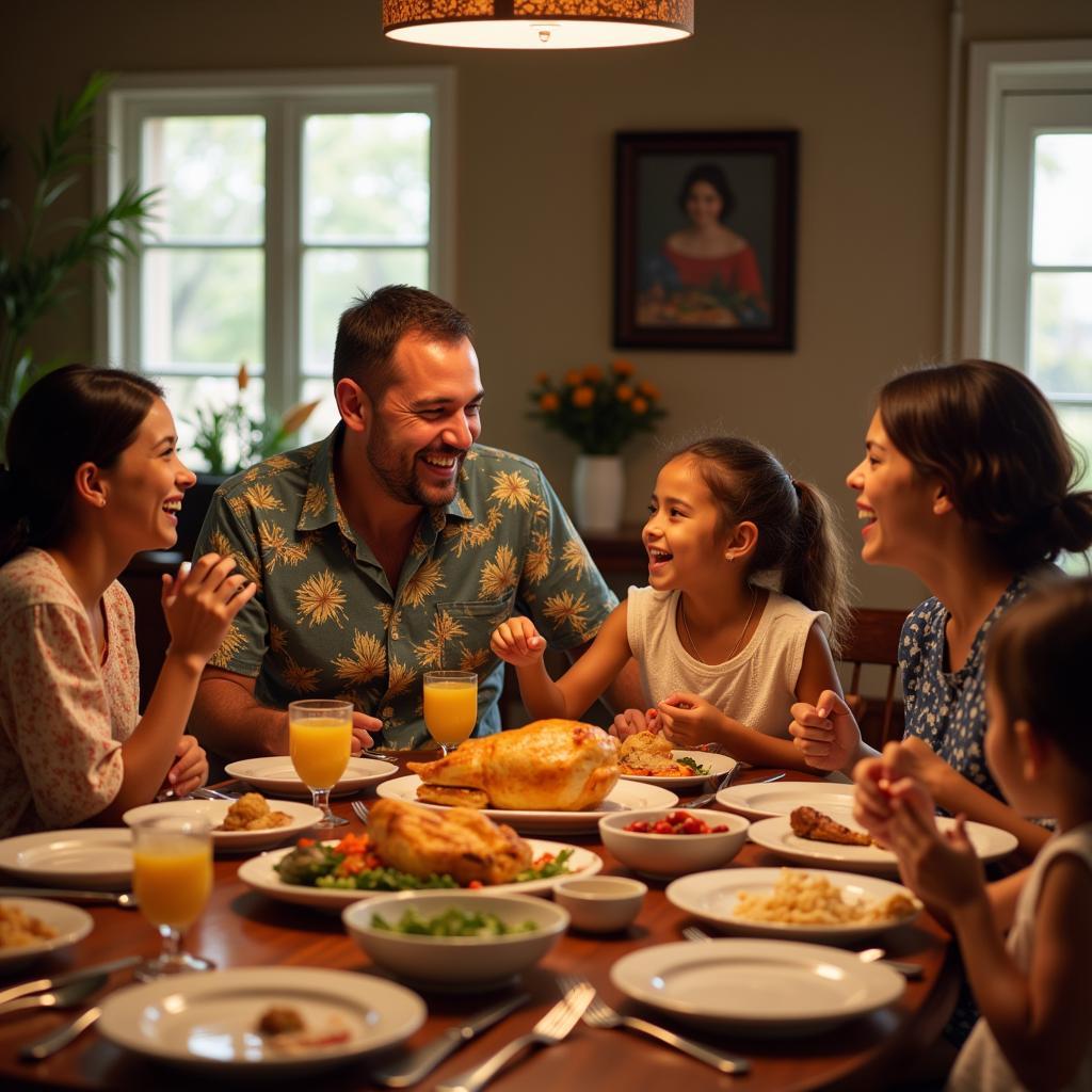 A multi-generational Hawaiian family enjoying Thanksgiving dinner together.