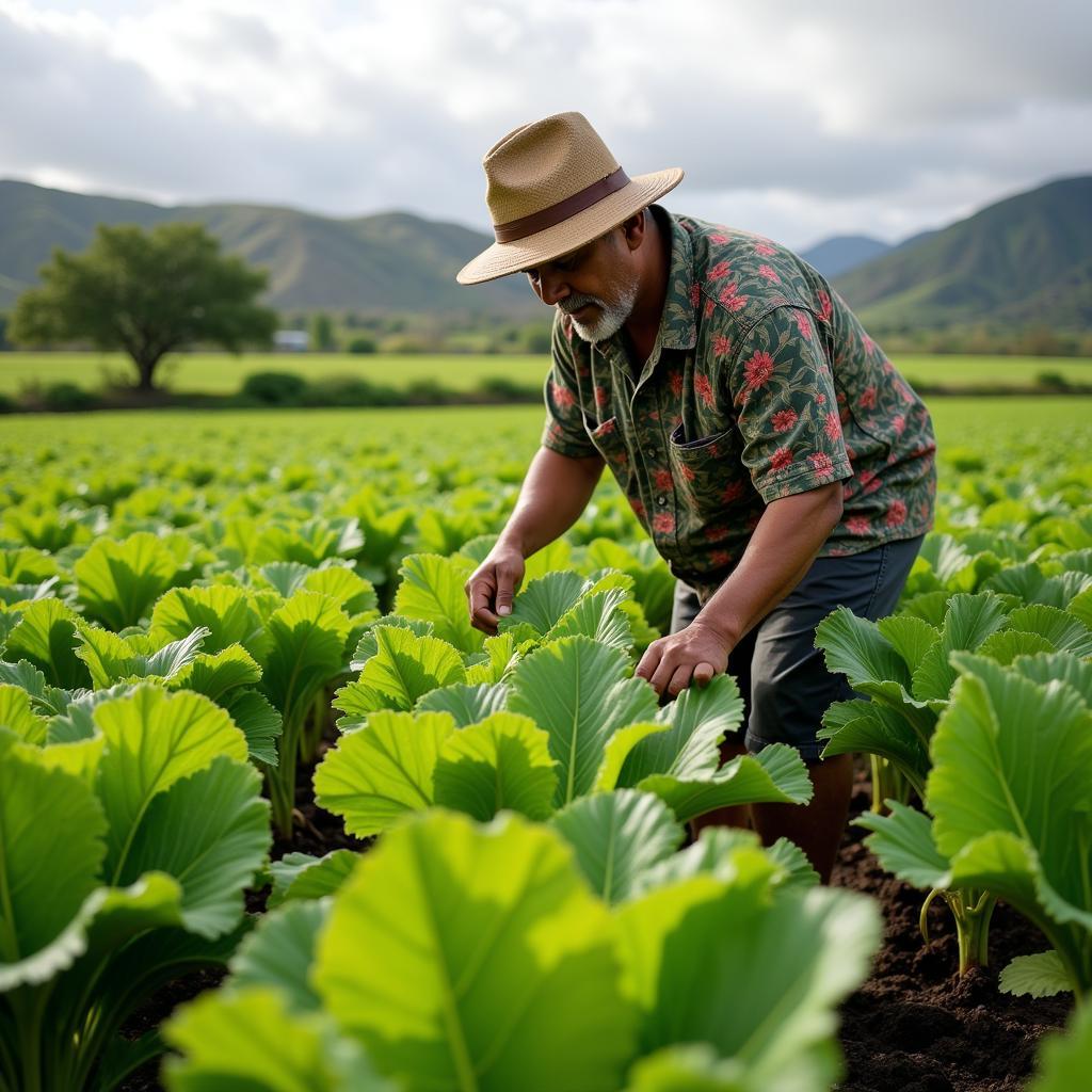 A Hawaiian farmer tending to his taro field