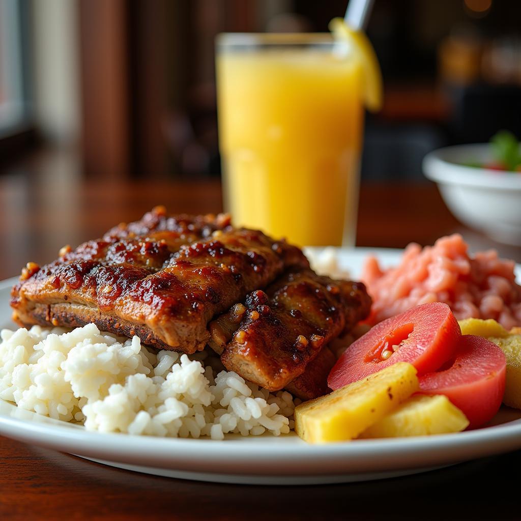 A Hawaiian plate lunch with a side of poke and a tropical drink.