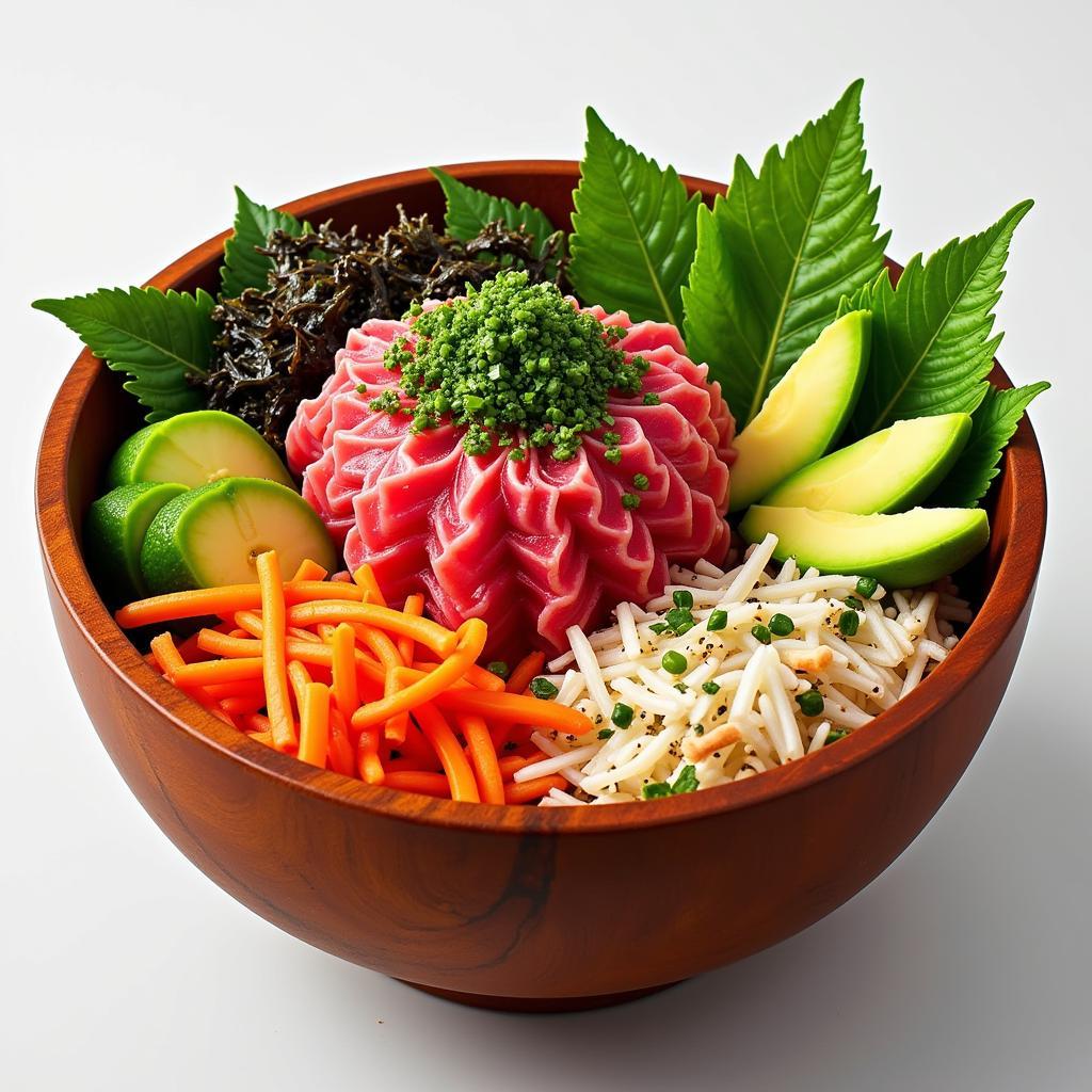 A vibrant Hawaiian poke bowl with fresh ingredients