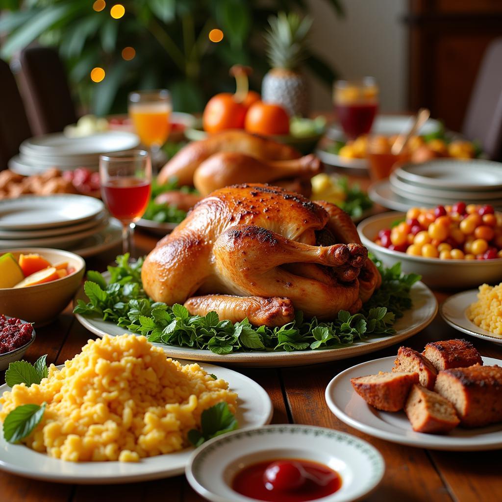 A colorful Hawaiian Thanksgiving feast with traditional dishes and tropical additions.