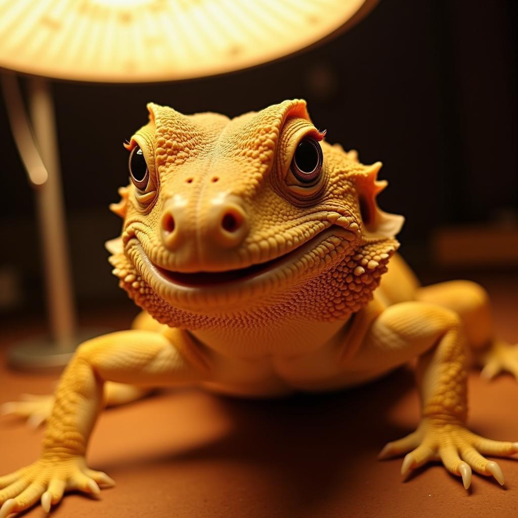 A healthy bearded dragon basking under a heat lamp