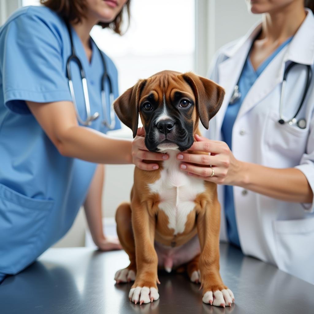 Healthy boxer puppy during a vet check-up