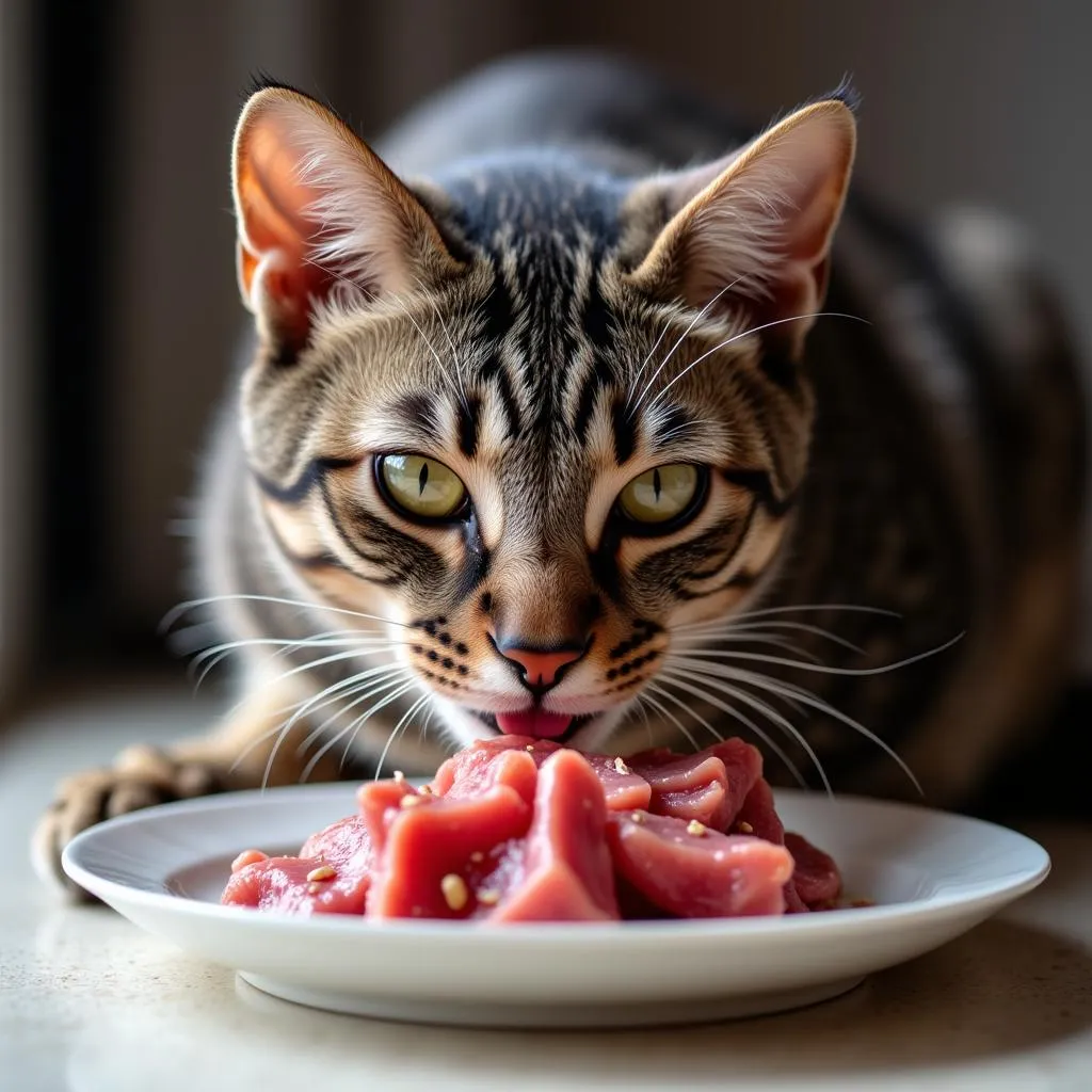 A healthy cat enjoying a raw food meal