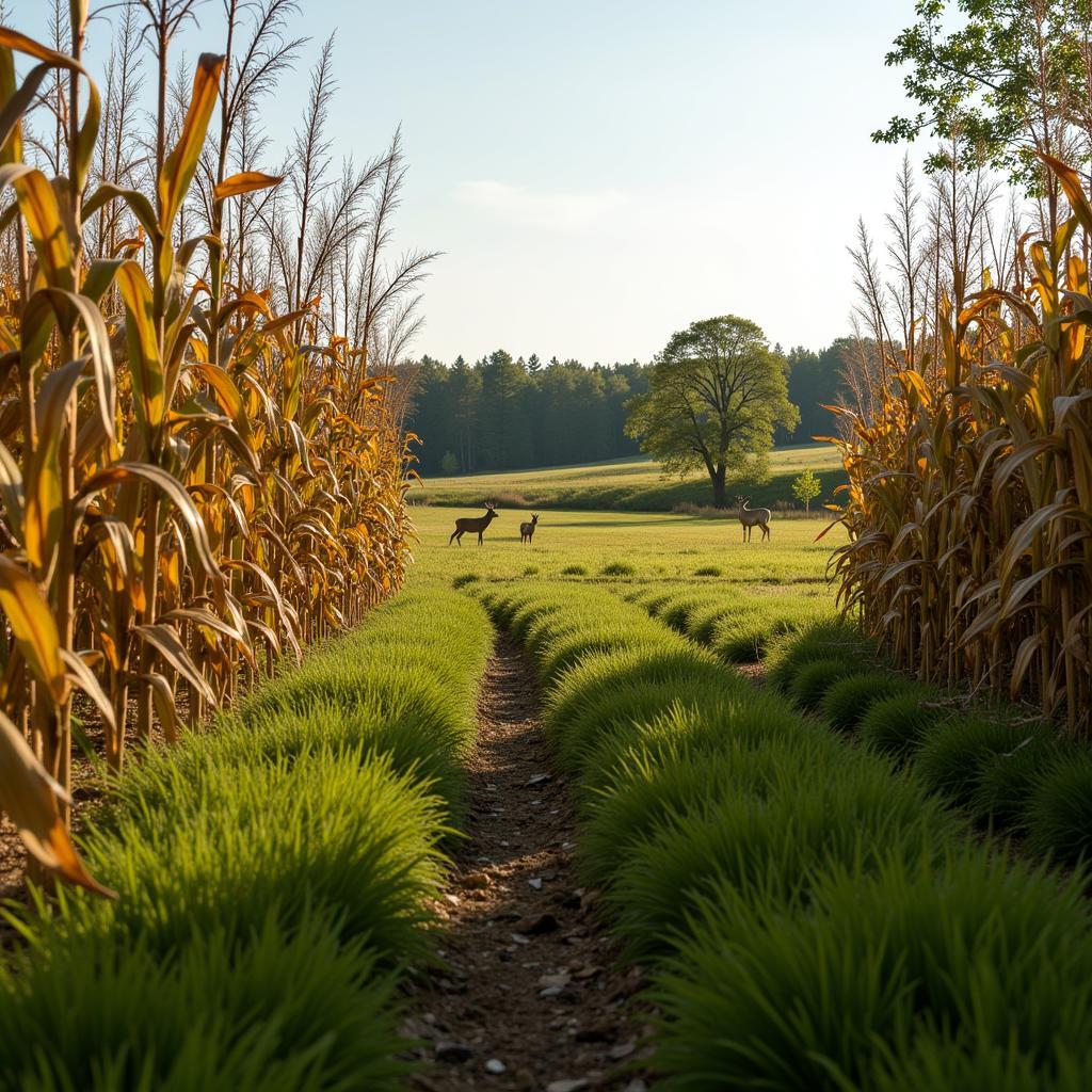 A lush corn food plot with deer in the background