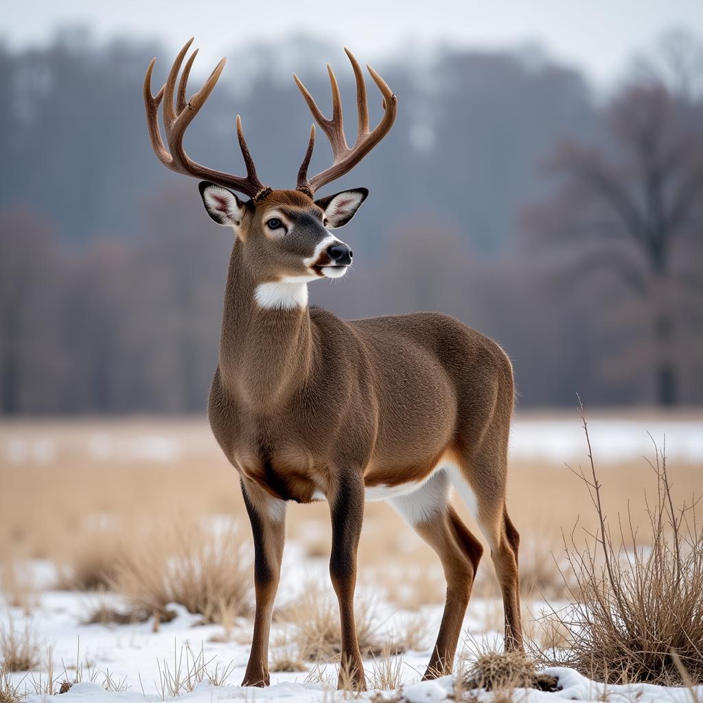 A healthy buck standing in a winter food plot