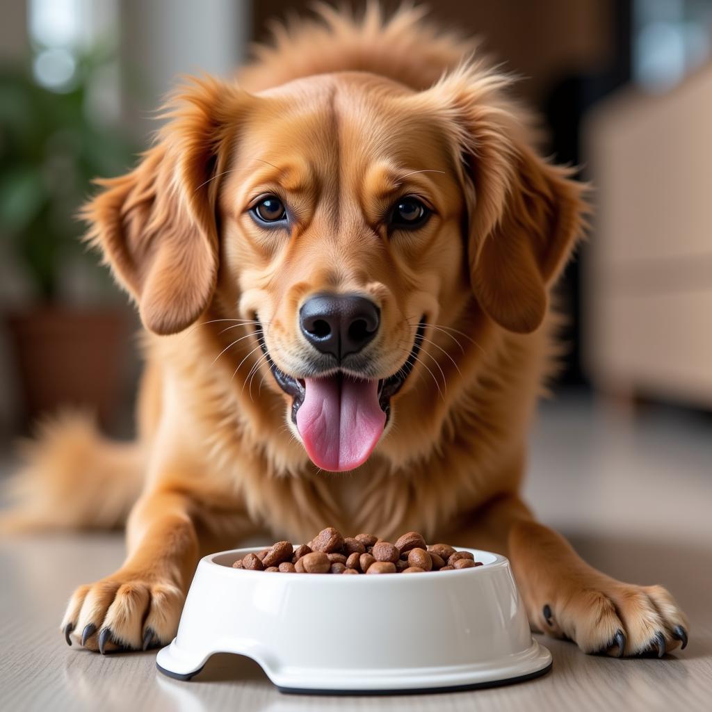 A happy dog enjoying a meal