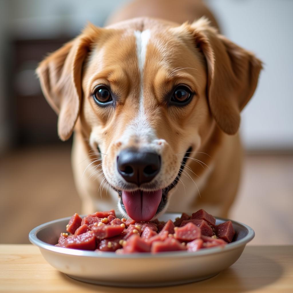 A happy dog eating raw food from a bowl.