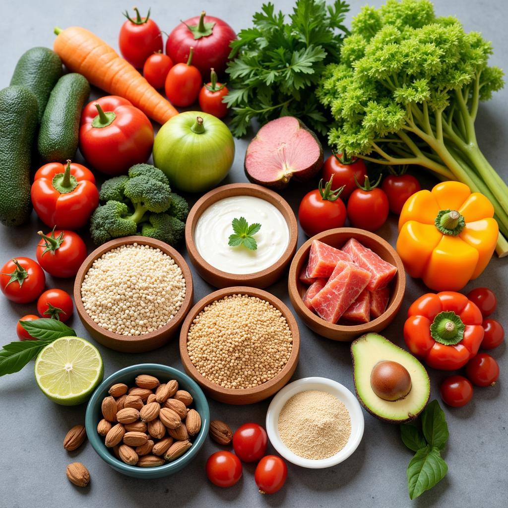 A table spread with an assortment of healthy foods that benefit thyroid health