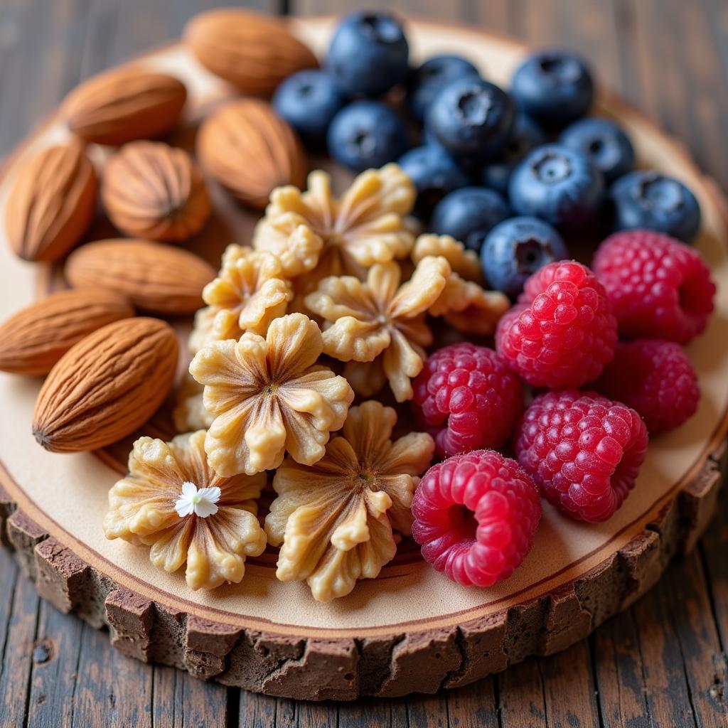 A variety of nuts and berries arranged on a wooden board.