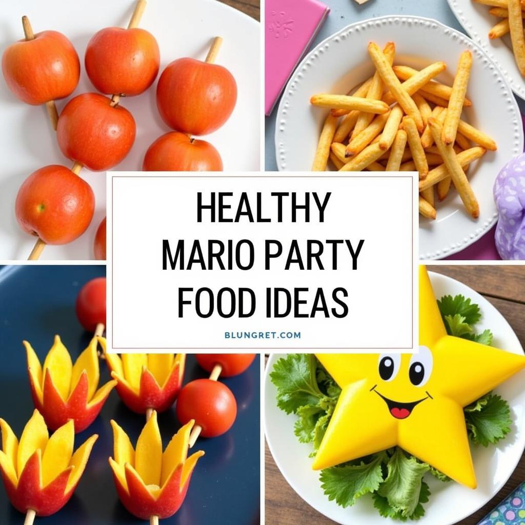 Healthy Mario party food options: Fruit skewers and a vegetable platter