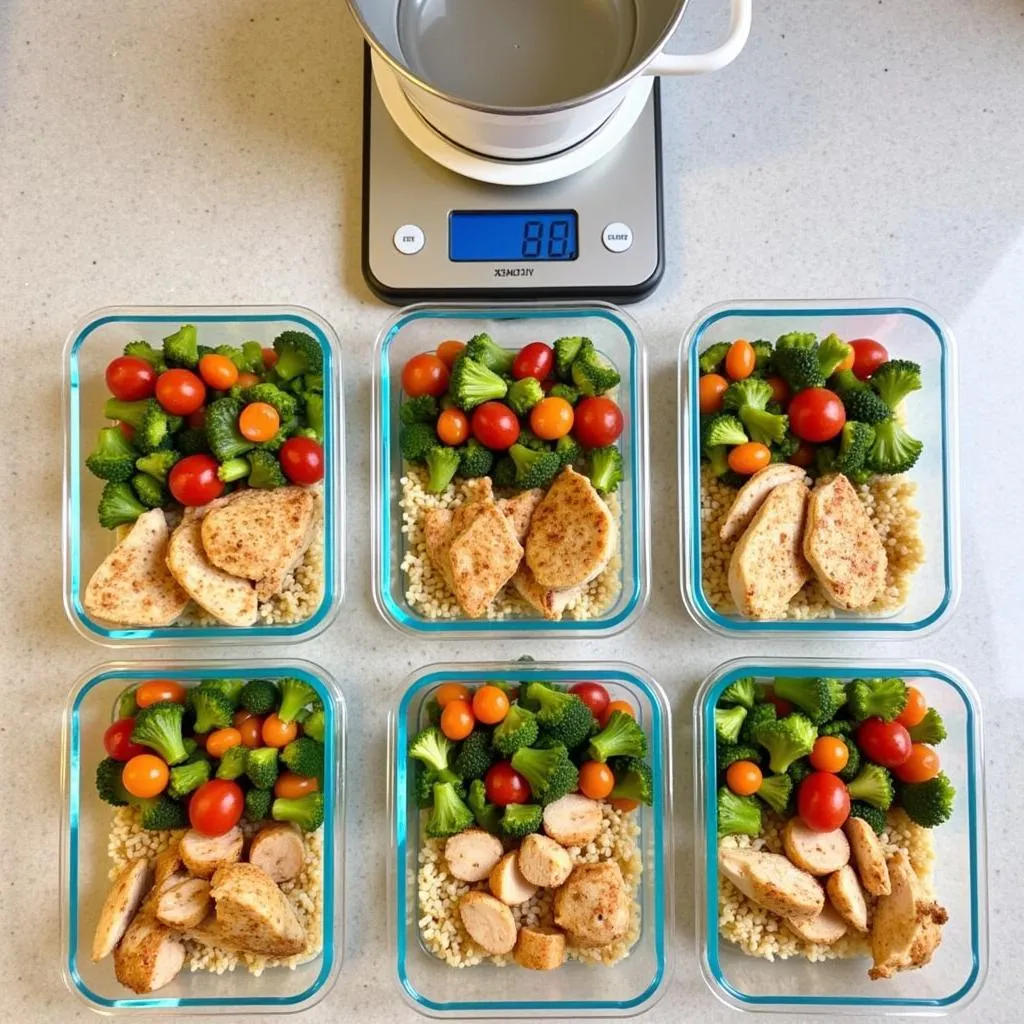 Meal prepping with a food scale for a balanced diet.