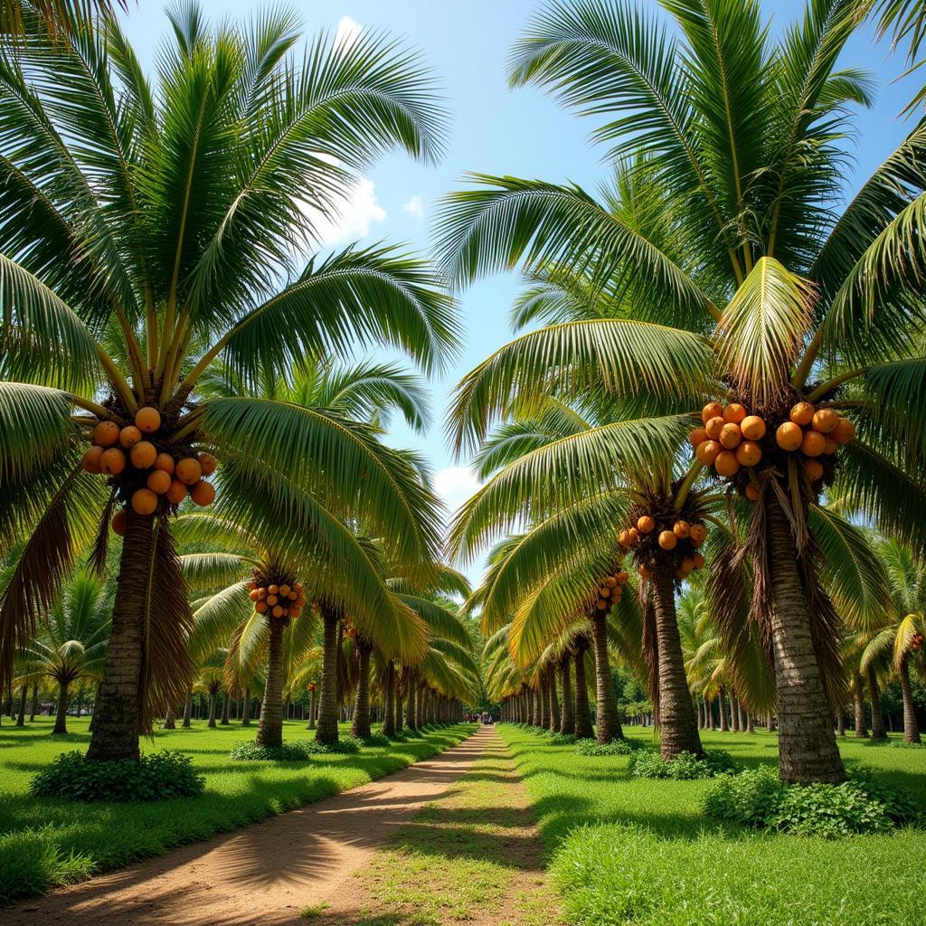 Healthy palm tree grove with coconuts