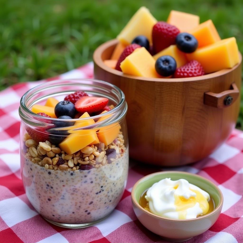  Healthy picnic breakfast options arranged on a blanket