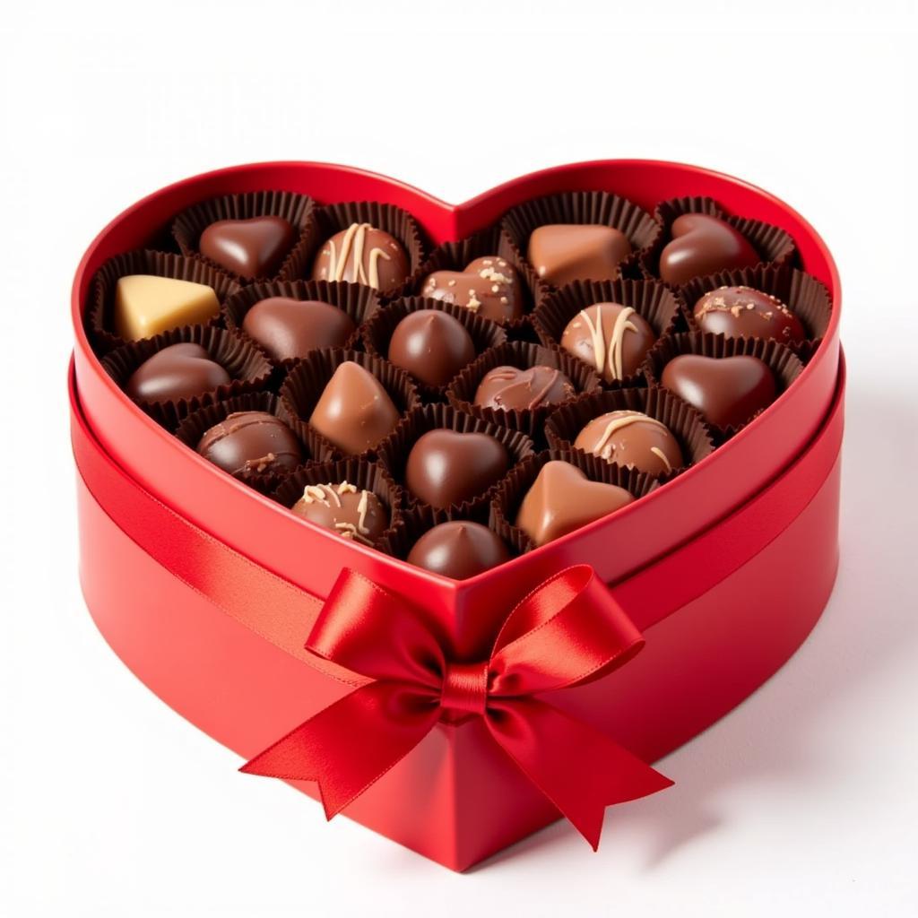 Heart shaped box of chocolates with a red ribbon