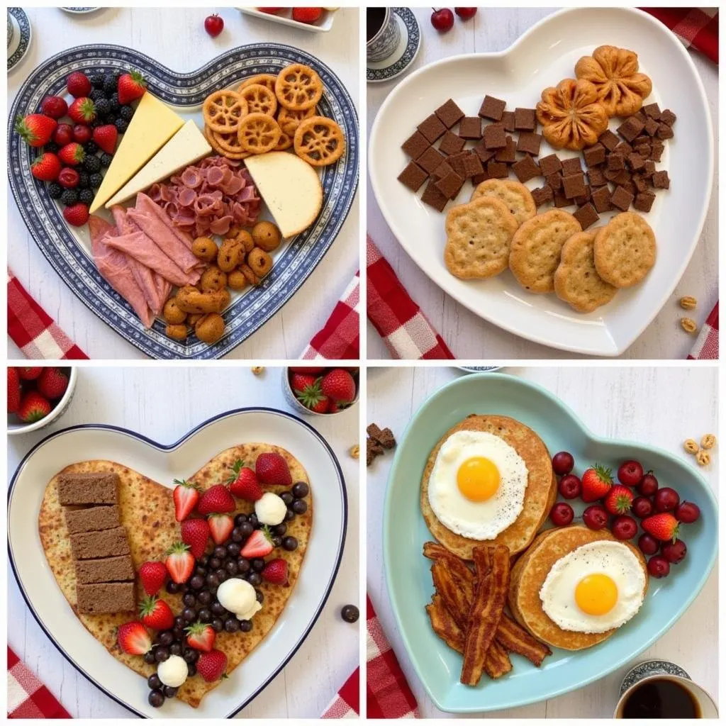 Creative food arrangements on heart-shaped trays