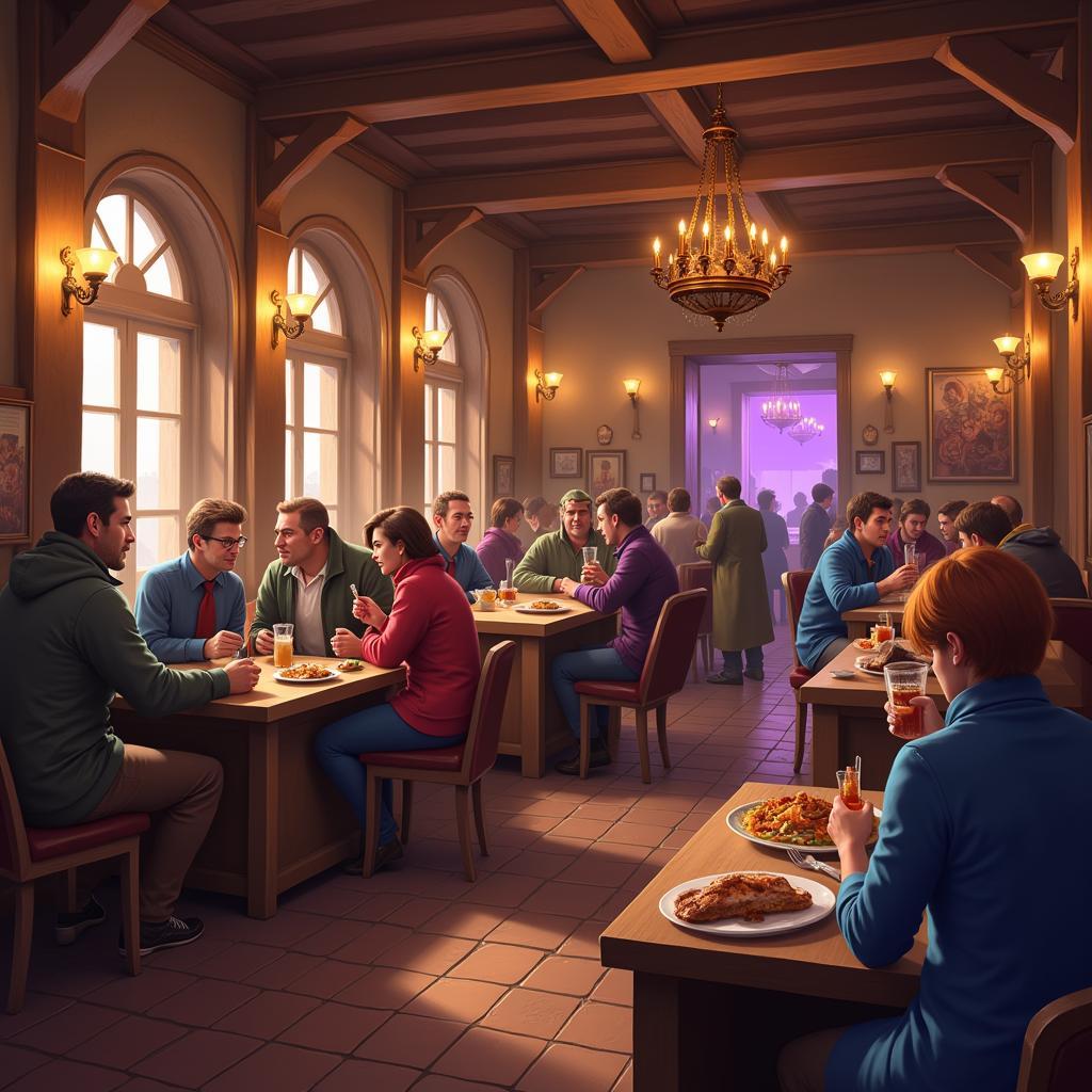 A bustling Hearthstone tavern scene