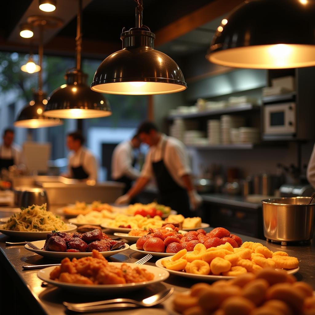 Restaurant Kitchen with Heat Lamps for Food Warming