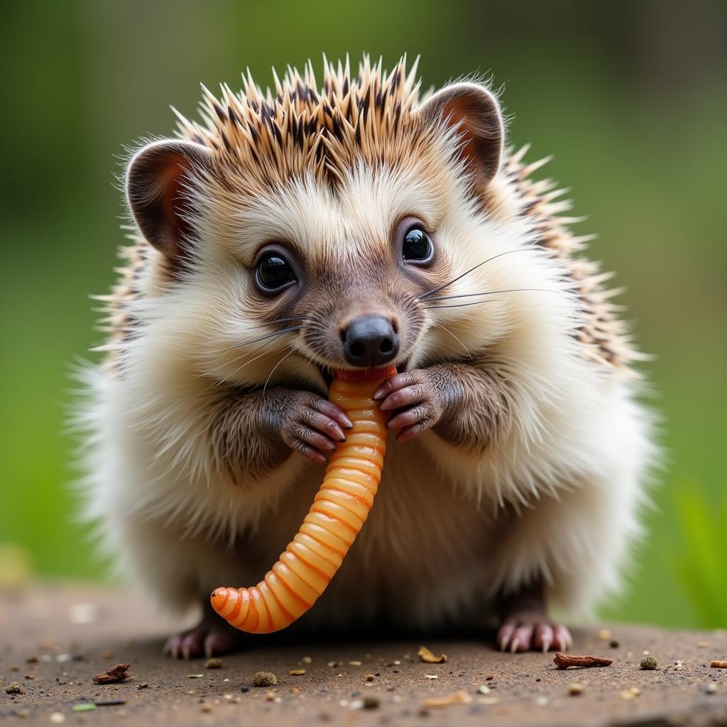 A hedgehog happily munching on a mealworm treat.