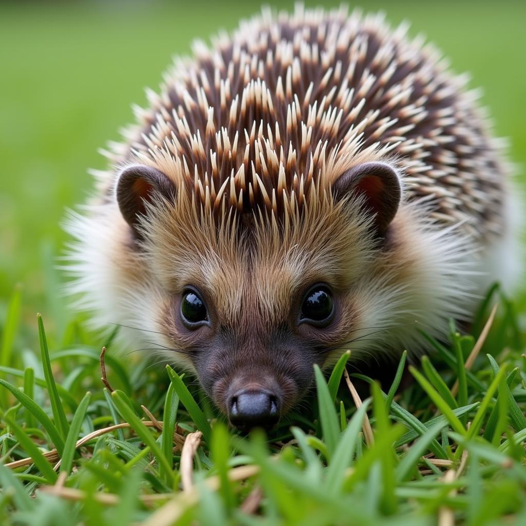 A hedgehog foraging for insects in the grass