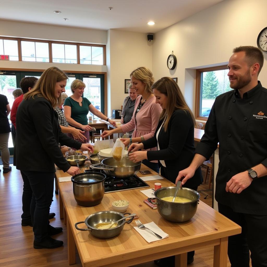 A group of people gathered at the High Plains Food Co-op, engaging in a cooking demonstration.