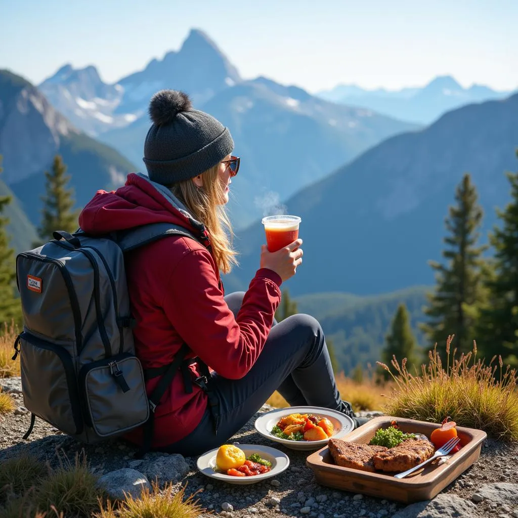 Hiker Savoring Mary Janes Farm Meal with Scenic Mountain View