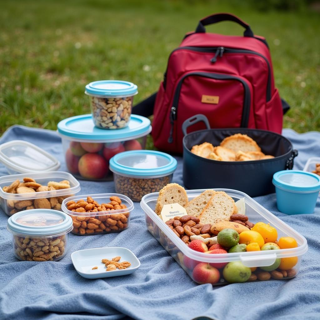 Various food storage containers suitable for hiking, including reusable plastic containers, zip-top bags, and an insulated container.