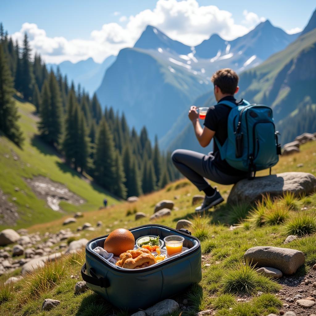 Hiking trail with a mountain view and a packed lunch