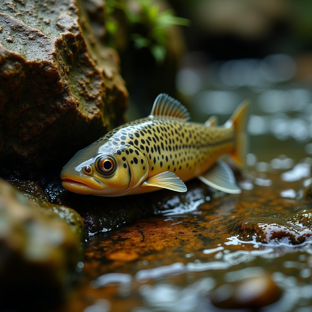 Hillstream loach clinging to a rock in a fast-flowing stream