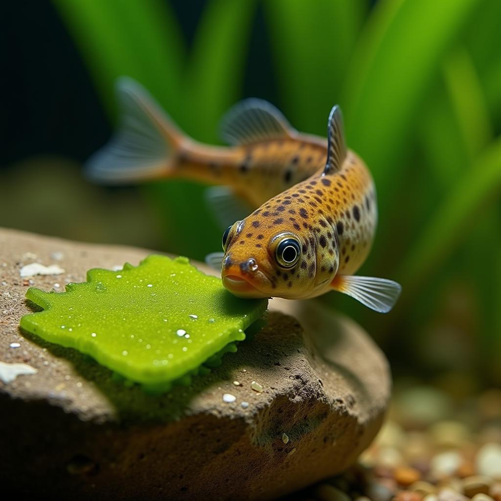 Hillstream loach grazing on an algae wafer attached to a rock