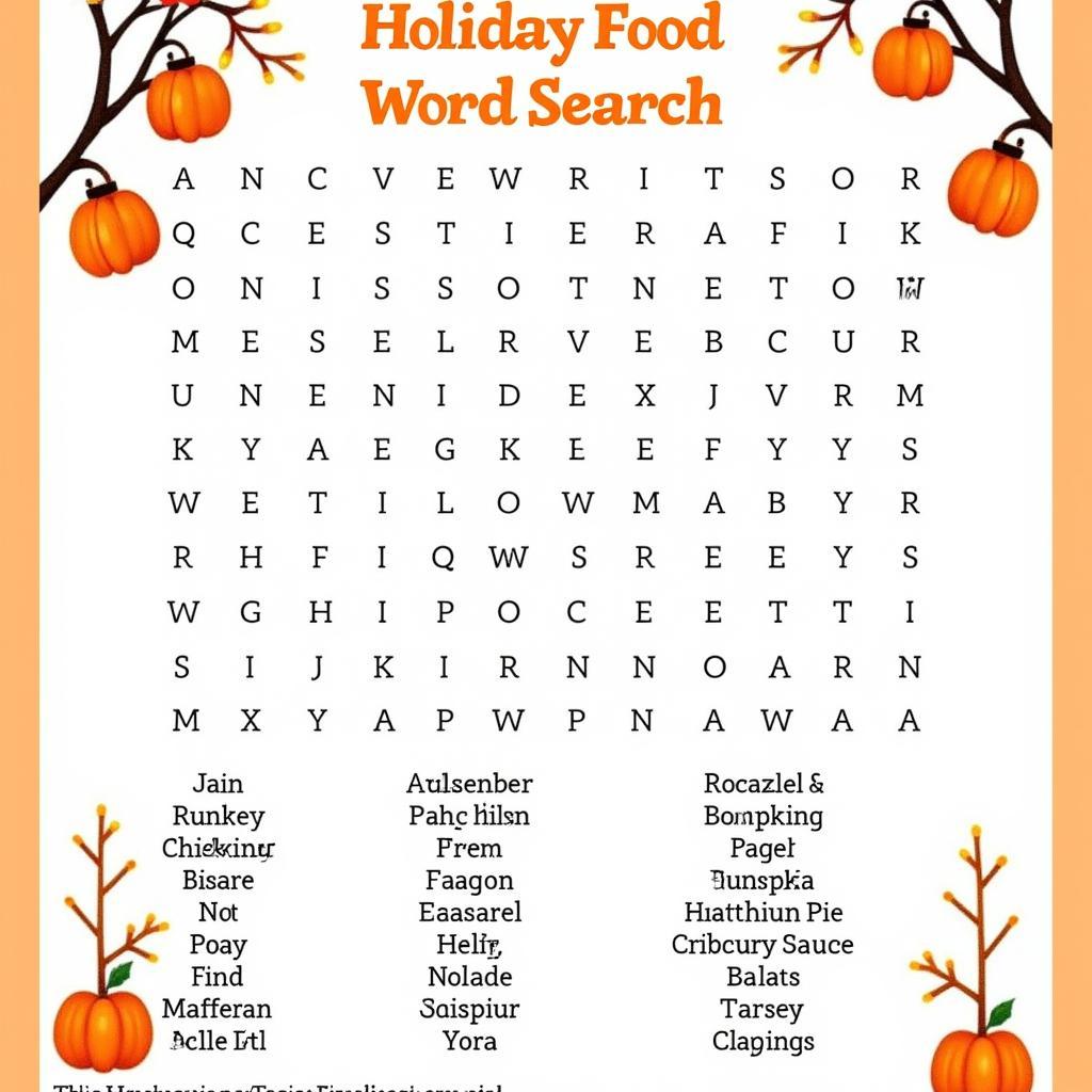 Holiday Themed Food Word Search with festive food items.