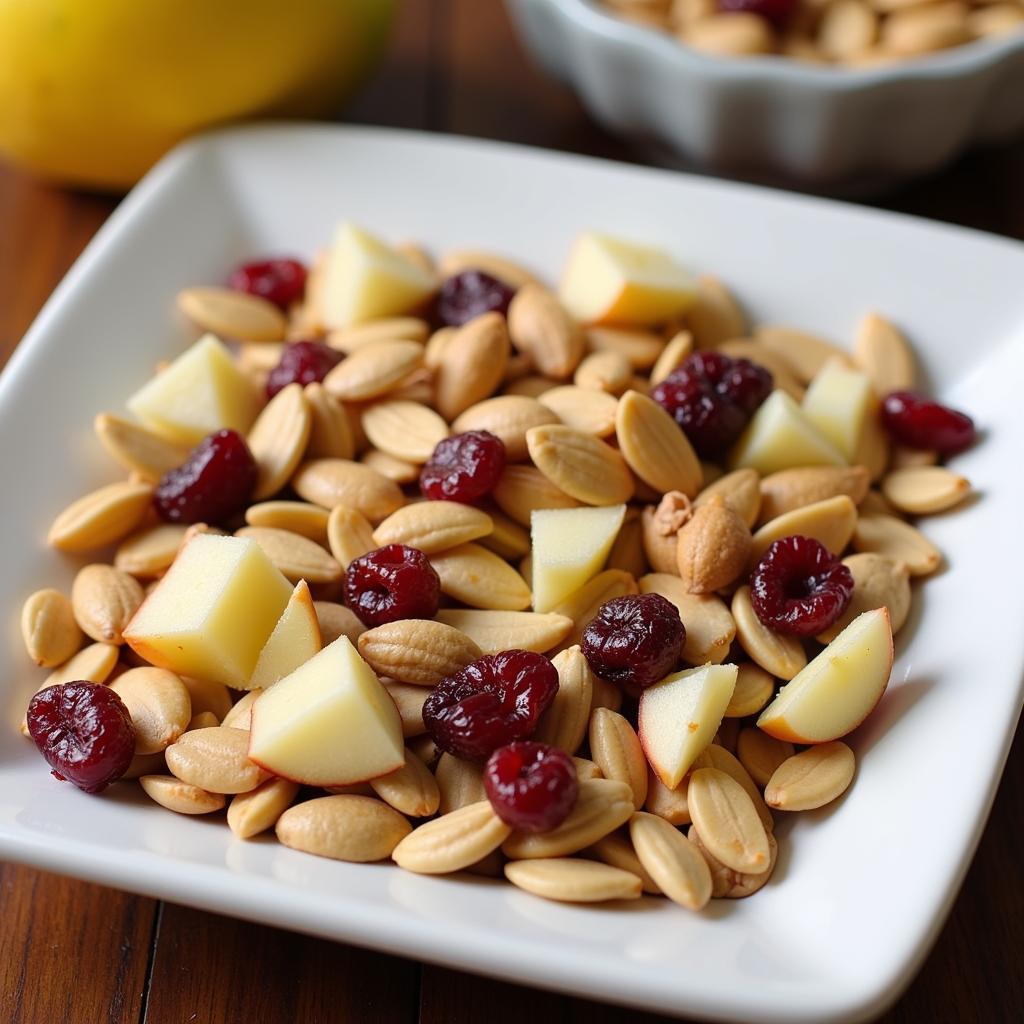 Homemade bird food dish with fruits and seeds