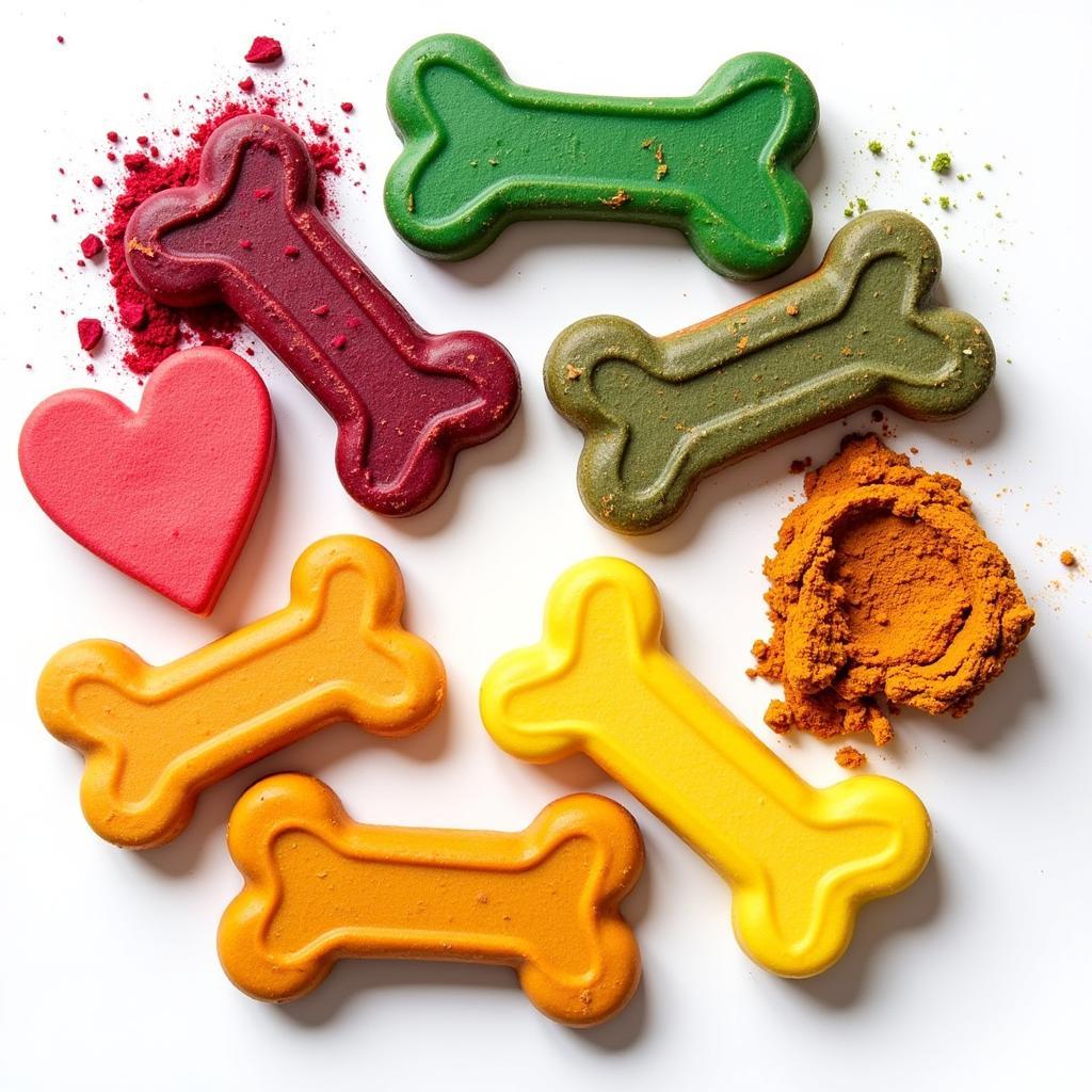 A variety of homemade dog treats coloured with natural ingredients.