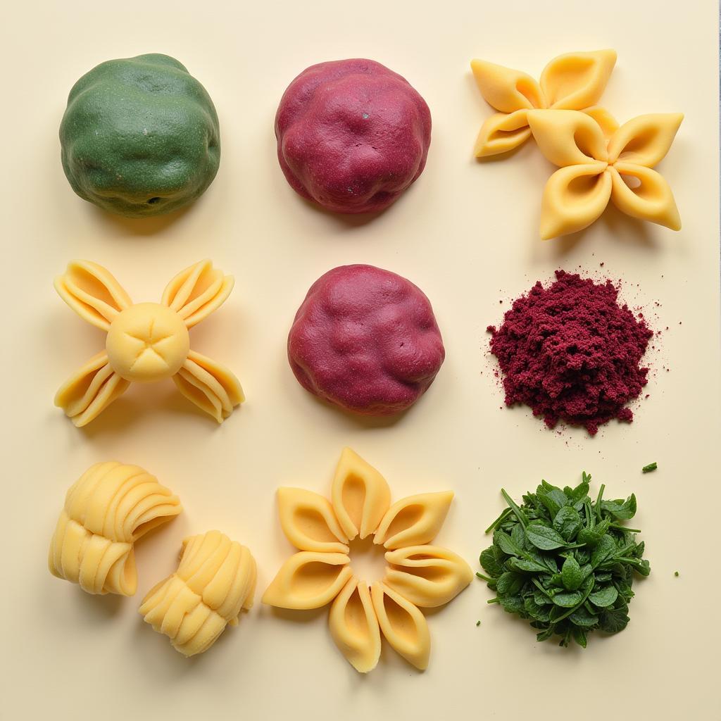 An assortment of colorful homemade pasta in various shapes.