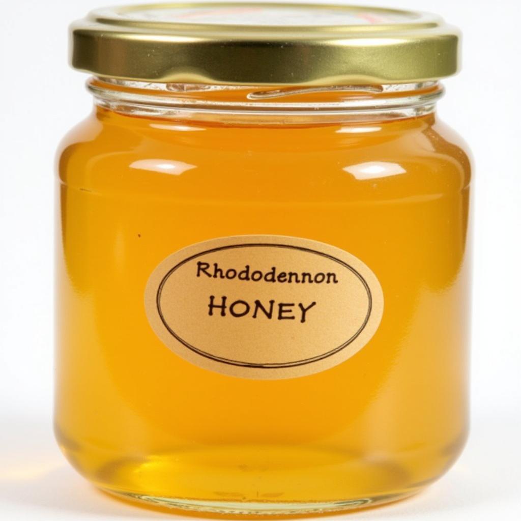 A jar of honey labeled as rhododendron honey