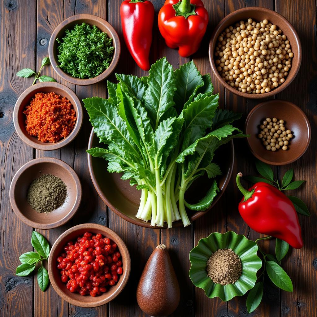 A table spread with various herbs, spices, and ingredients used in hoodoo food.