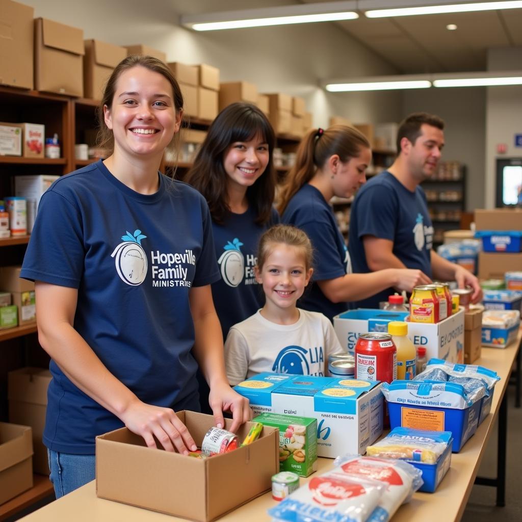 Volunteers sorting donations at Hopeville Food Pantry