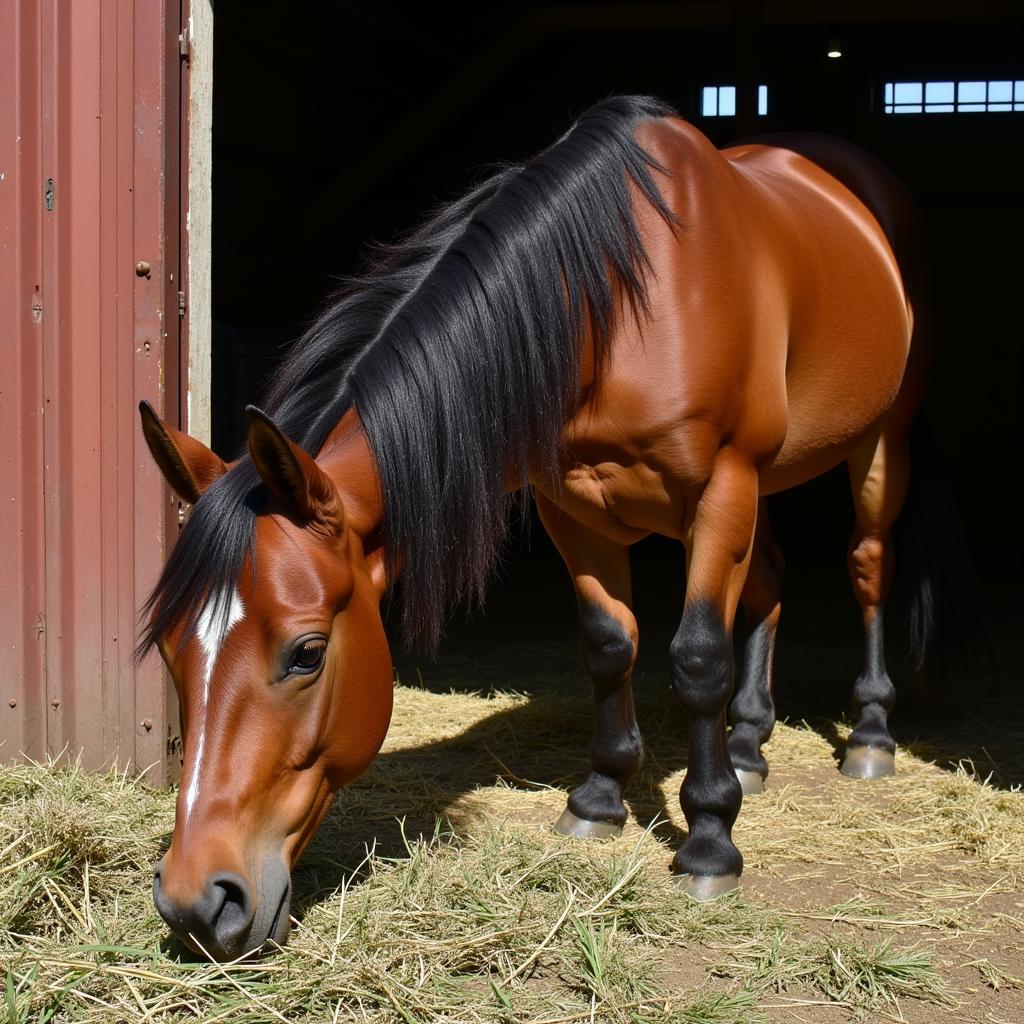 A horse eating hay from a stable