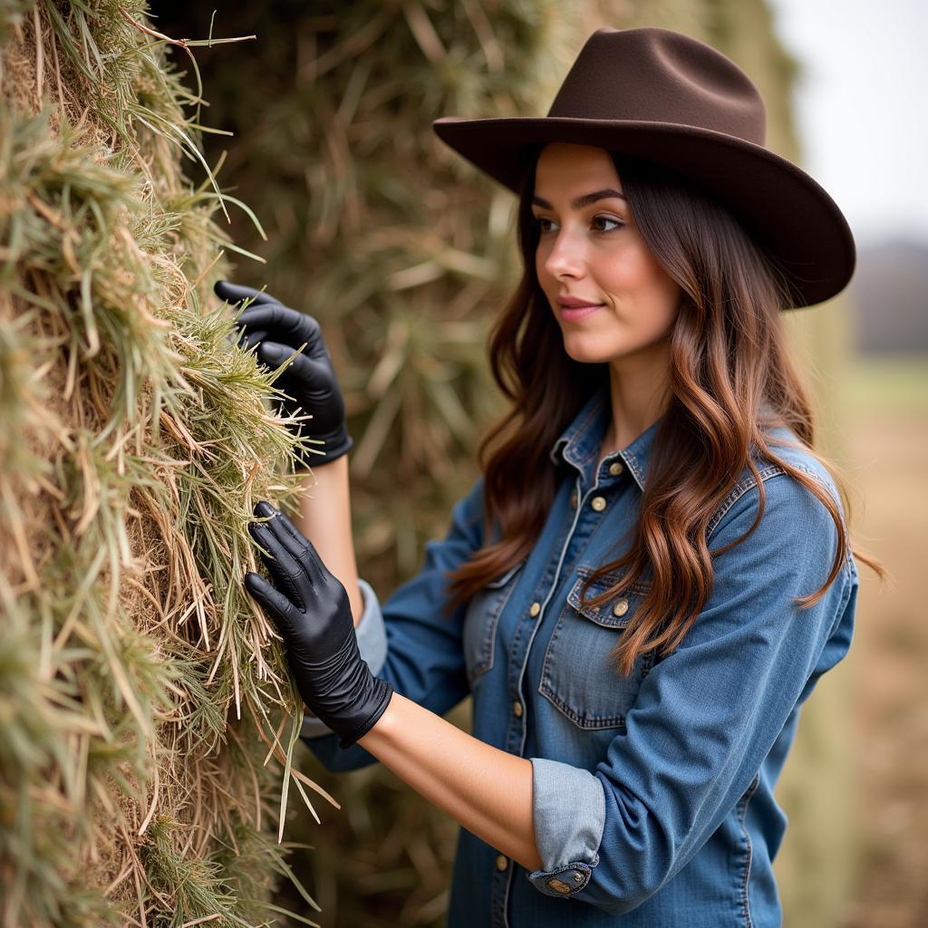 A horse owner inspecting the quality of hay.