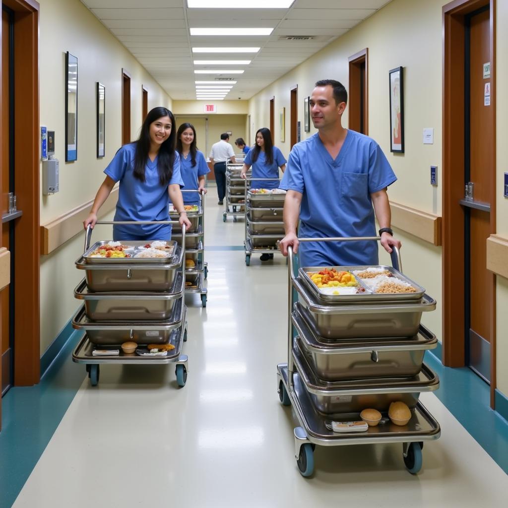 Hospital Staff Efficiently Maneuvering Food Trays on Wheels in Corridor