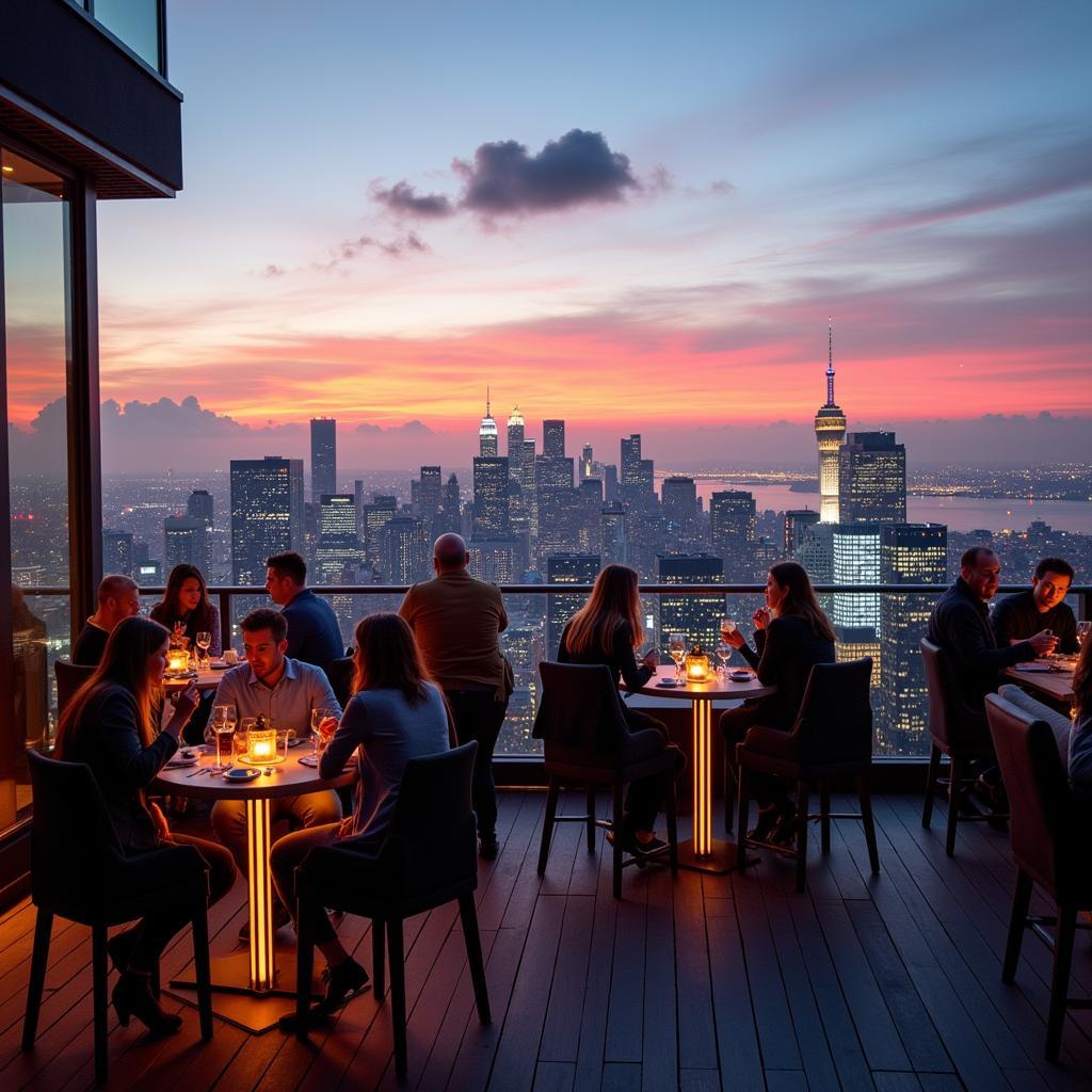 Hotel guests enjoying cocktails on a rooftop bar with city skyline views