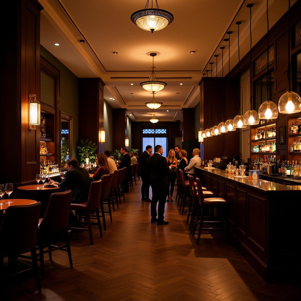 Hotel lobby bar bustling with evening ambiance