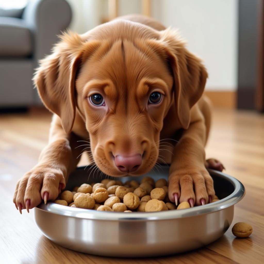 Vizsla puppy enjoying a meal