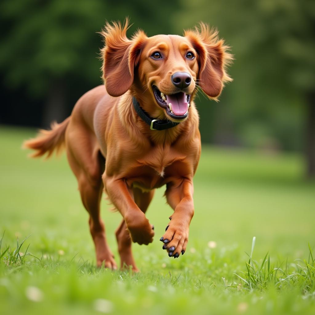 Energetic Hungarian Vizsla running through a field