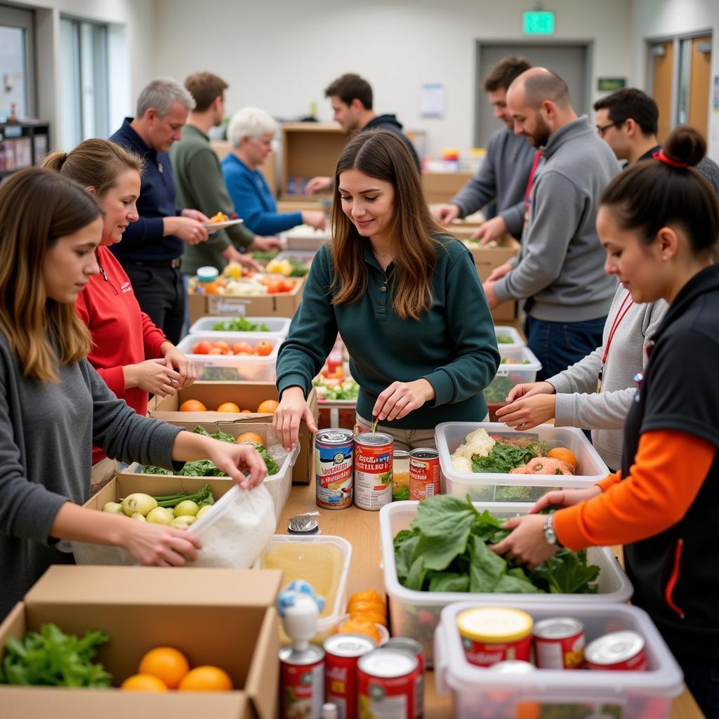 Volunteers sorting and packing food donations at the Hunger-First Tri-Cities food bank