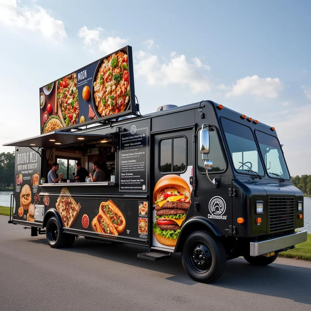 Hunger tech food truck exterior with a modern design and a digital menu board.