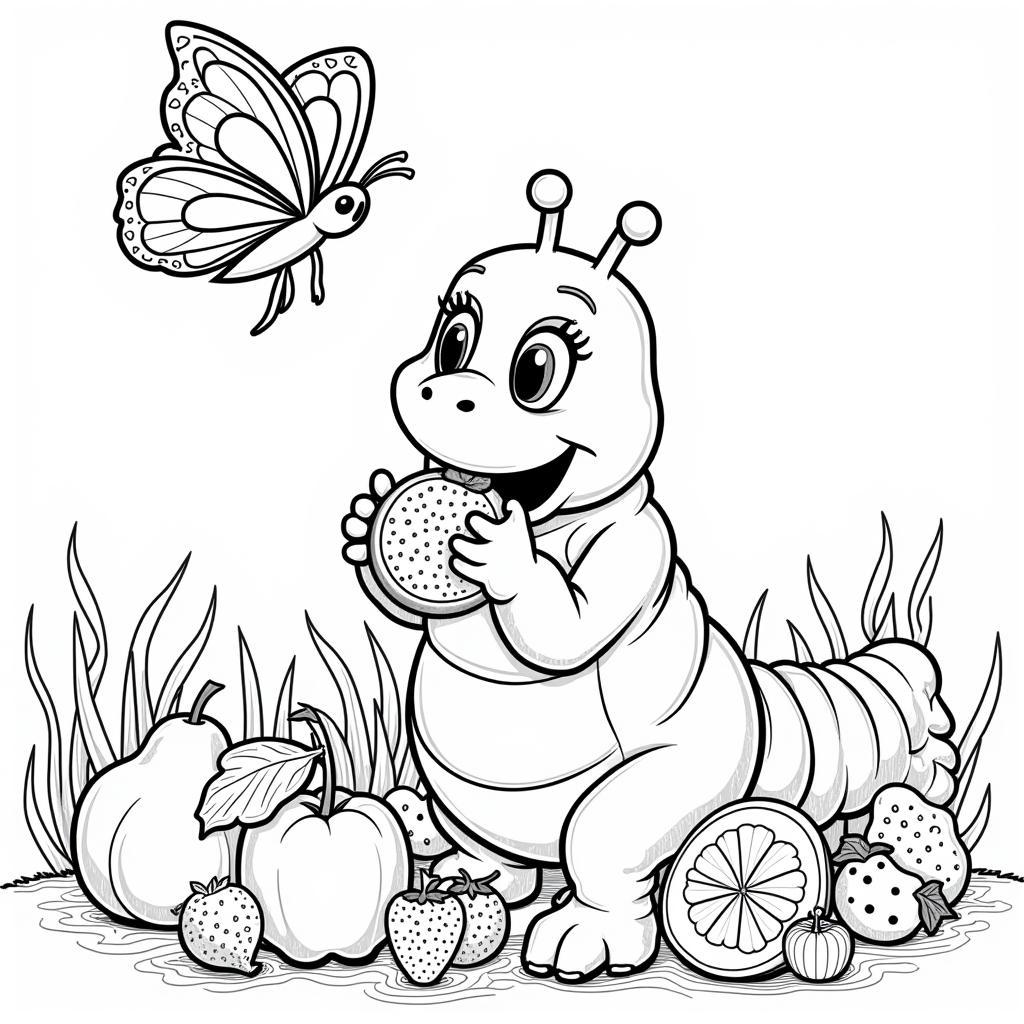 Hungry caterpillar coloring pages featuring fruits, butterflies, and the caterpillar.