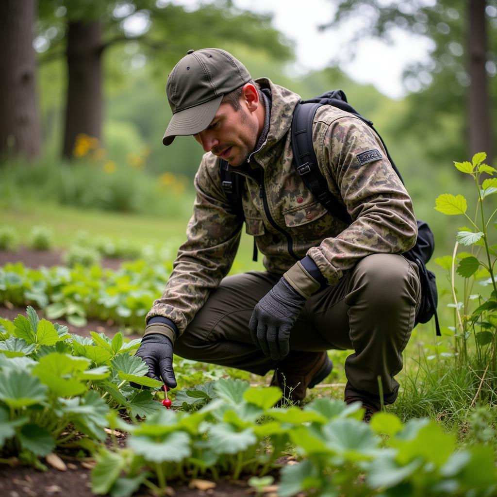 Hunter Inspecting Radishes in Food Plot